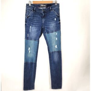 Denim 1982 Medium Wash Stretch Distressed Patchwork High Rise Skinny Jeans sz 11